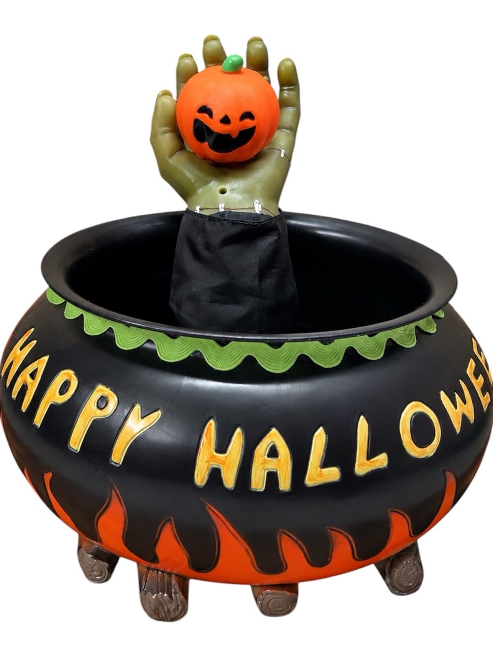 Vtg Gemmy Halloween Cauldron Candy Bowl Frankenstein Hand Pumpkin Decor AS IS